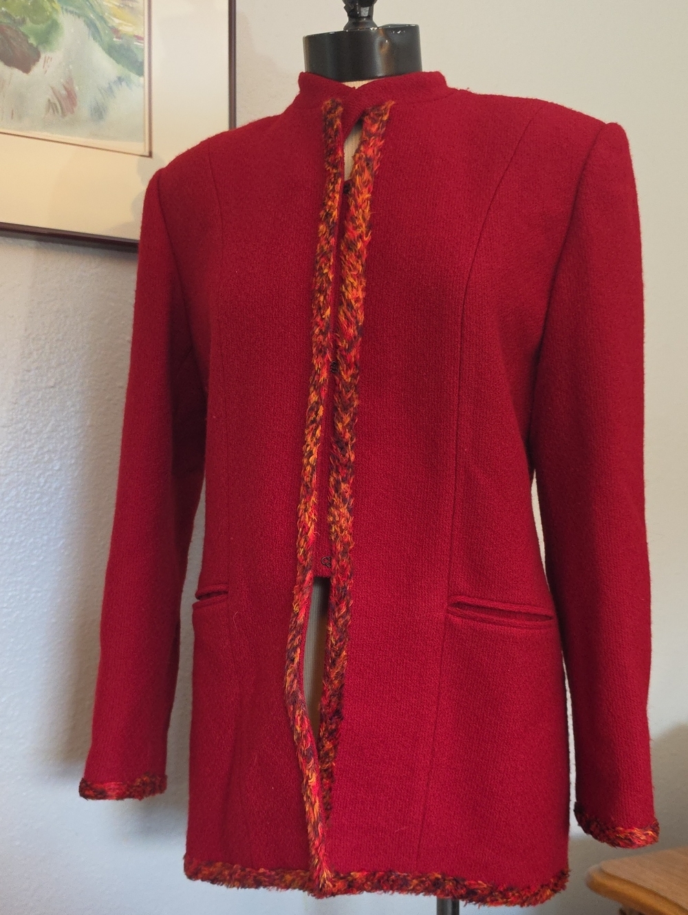 Lily & Taylor Wool Jacket Autumn Fall Colors Deep Burgundy Red Feathery Trim